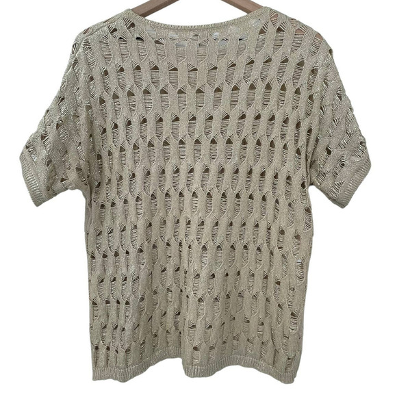Chico's Short Sleeve Sweater Gold Shimmer Metallic Loose Knit 100% Cotton | 2 - Picture 11 of 11